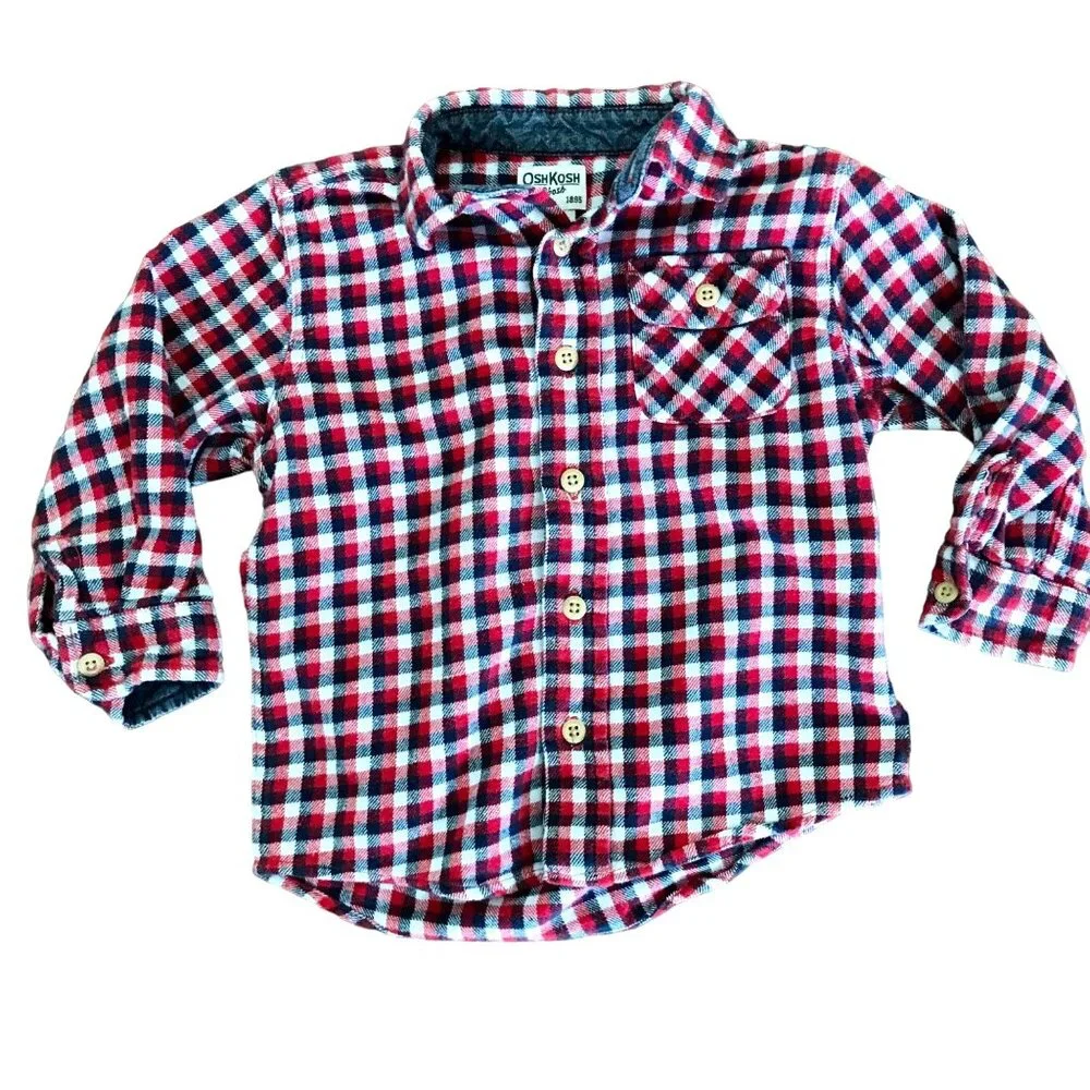 OshKosh B'Gosh Toddler Boy Red Plaid‎ Button-Up Flannel Shirt. Size 3T. Unisex